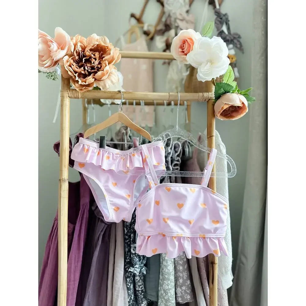 New Darling Heart Print Blush Pink Frill Trim 2pc Cami Swimsuit 4T